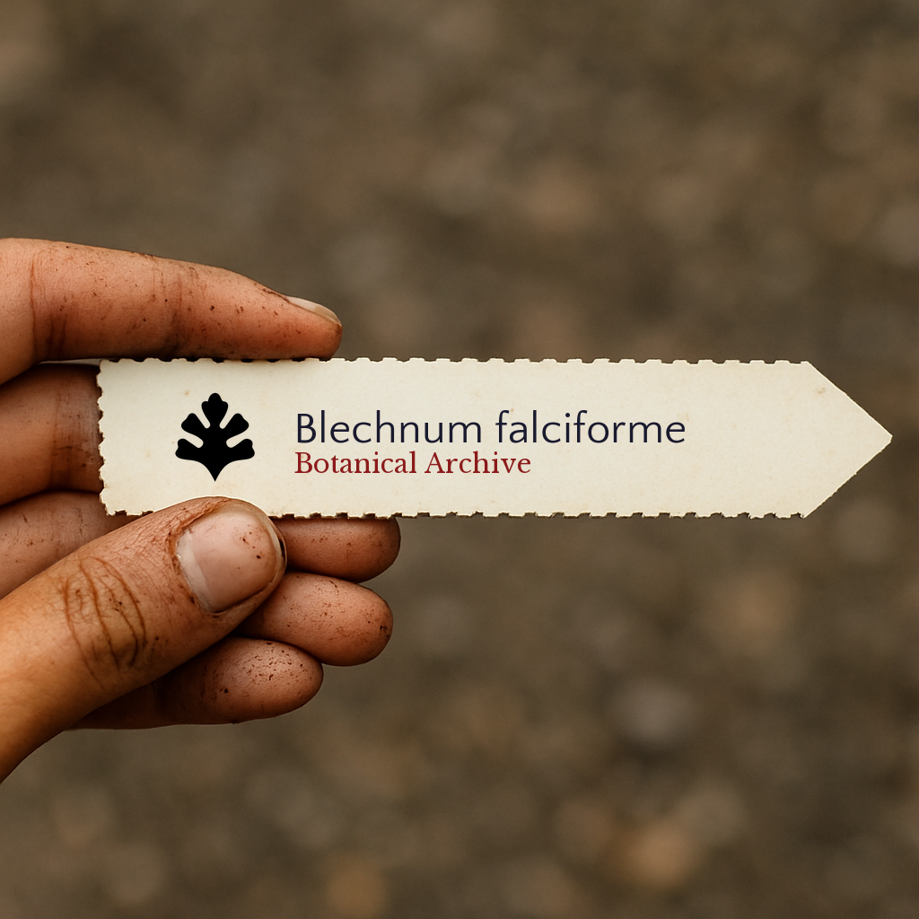 Printed plant label for Blechnum falciforme held by dirty hand with blurred background