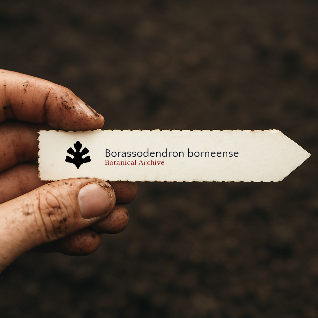 Étiquette végétale imprimée pour Borassodendron borneense tenue par une main sale sur fond de terre