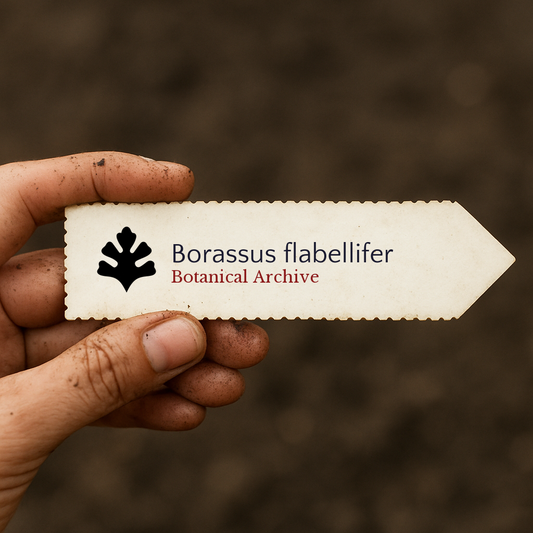 Étiquette de plante imprimée pour Borassus flabellifer tenue à la main avec un arrière-plan de sol