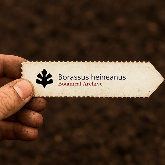 Étiquette végétale imprimée pour Borassus heineanus tenue à la main avec un arrière-plan de terre