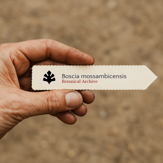 Etiqueta impresa de planta para Boscia mossambicensis sostenida en mano con fondo de tierra