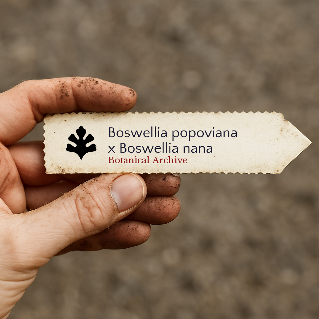 Bedrucktes Pflanzenetikett für Boswellia popoviana x Boswellia nana, gehalten von einer schmutzigen Hand