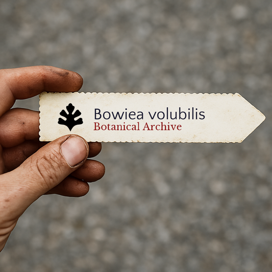 Etiqueta de planta impresa para Bowiea volubilis sostenida a mano con fondo de tierra