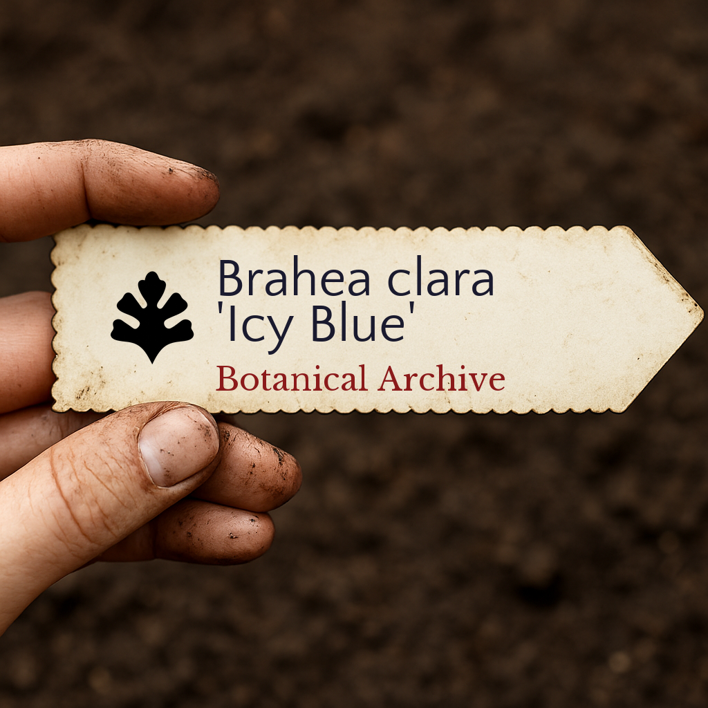 Printed plant label for Brahea clara 'Icy Blue' held over soil background