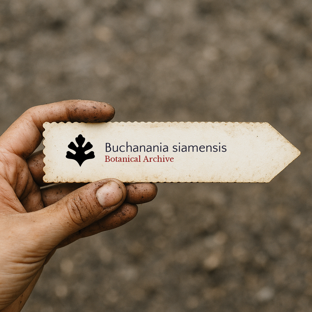 Printed plant label for Buchanania siamensis held by dirty hand outdoors
