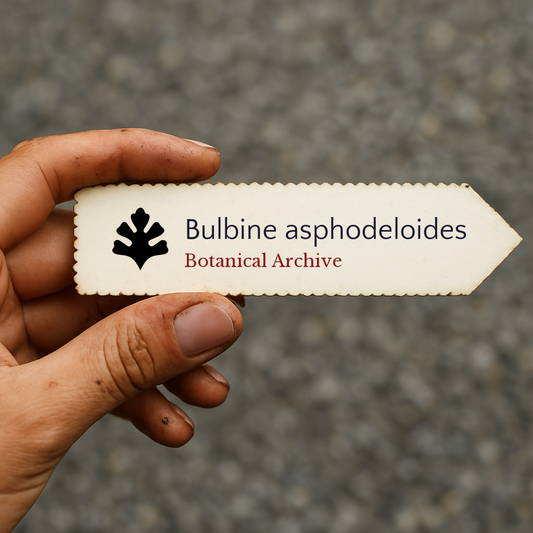 Etiqueta de archivo botánico impresa para Bulbine asphodeloides sostenida a mano