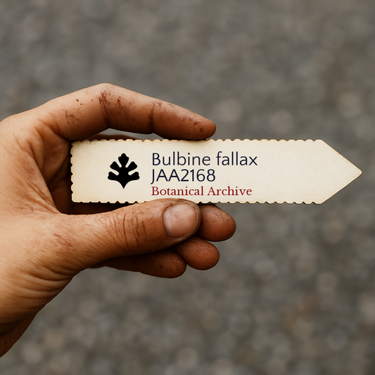 Etiqueta de planta impresa para Bulbine fallax sostenida por una mano sucia con fondo desenfocado