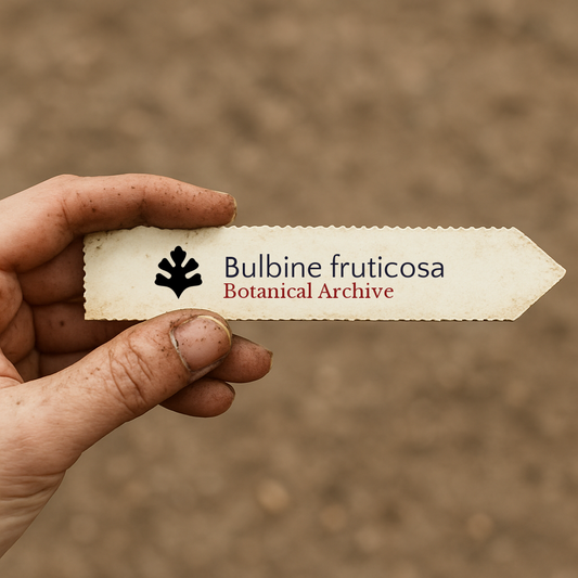 Etiqueta de planta impresa para Bulbine fruticosa sostenida a mano con fondo de tierra