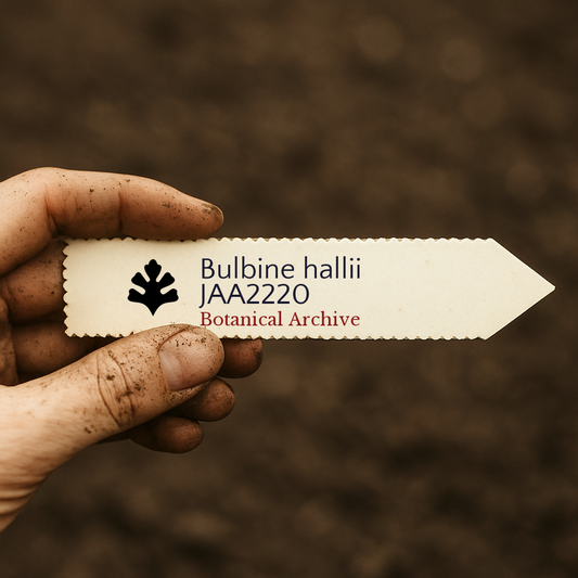 Etiqueta impresa de planta para Bulbine hallii sostenida por una mano sucia sobre fondo de tierra