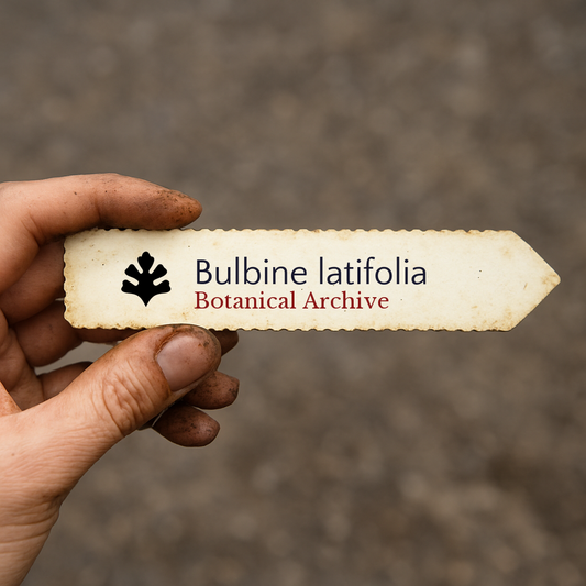 Etiqueta de archivo botánico vintage para Bulbine latifolia sostenida por una mano sucia