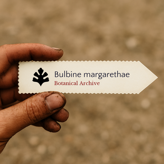 Etiqueta de planta impresa para Bulbine margarethae sostenida a mano con fondo de tierra