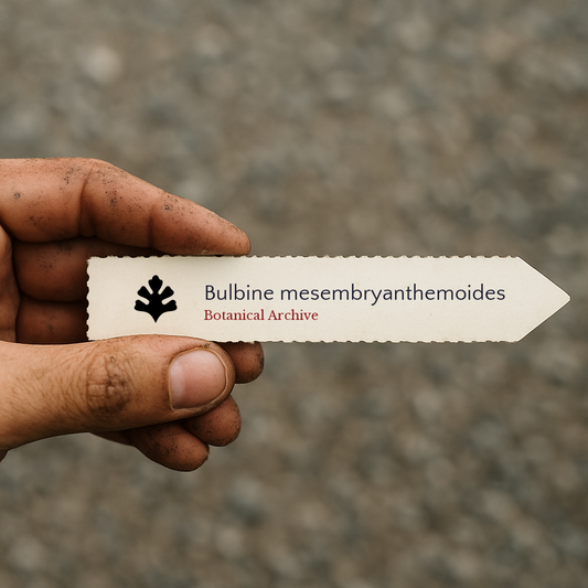 Etiqueta de planta impresa para Bulbine mesembryanthemoides sostenida en mano con fondo de tierra