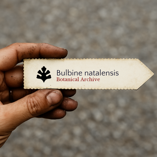 Etiqueta de planta impresa para Bulbine natalensis con el logo de Botanical Archive sostenida a mano