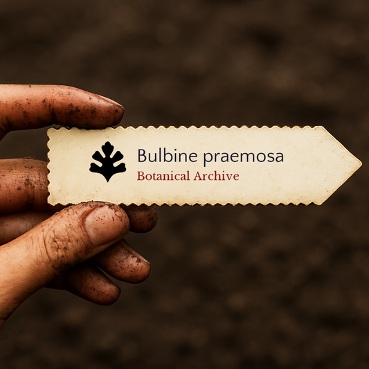 Etiqueta impresa para planta Bulbine praemosa sostenida por una mano sucia sobre fondo de tierra