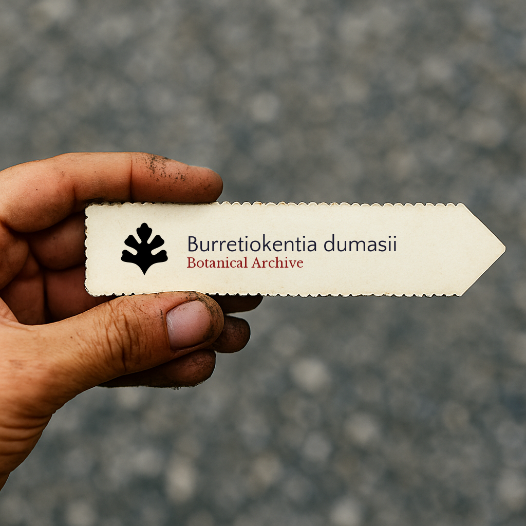 Etichetta a mano stampata per pianta Burretiokentia dumasii con logo Botanical Archive