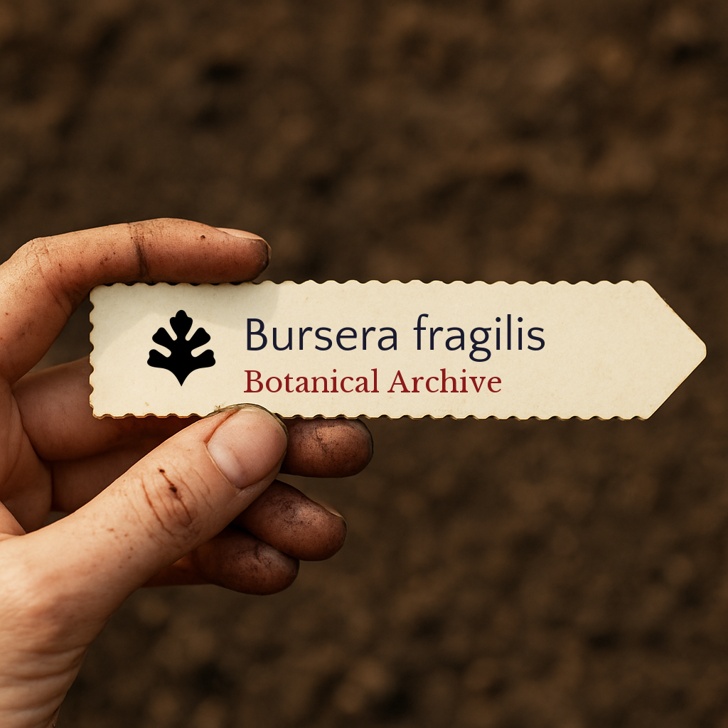 Étiquette végétale imprimée à la main pour Bursera fragilis avec le logo Botanical Archive