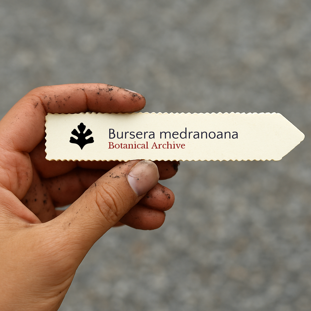 Etiqueta da planta Bursera medranoana segurada à mão com terra nos dedos contra fundo desfocado