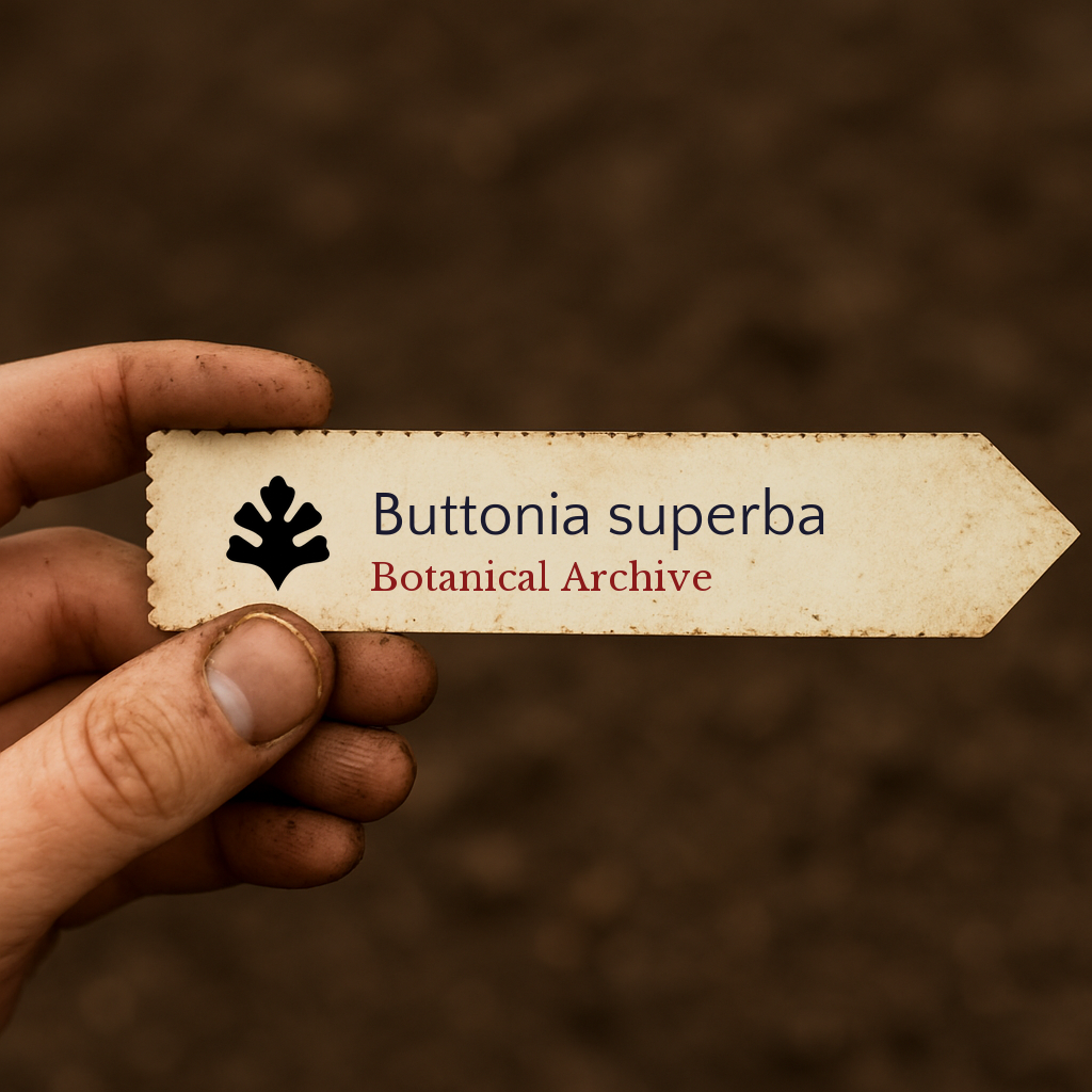Etiqueta de planta impresa para Buttonia superba sobre fondo de tierra