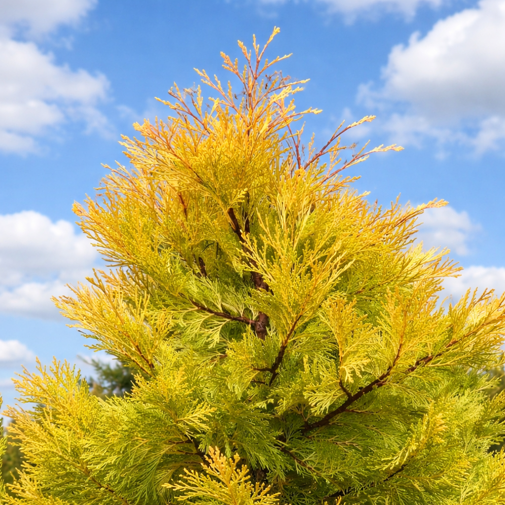 คาลอเซดรัส เดเคอเรนส์ cv เบอร์ริมา โกลด์ ไม้สนที่มีใบสีทองเหลืองและกิ่งก้านหนาแน่น
