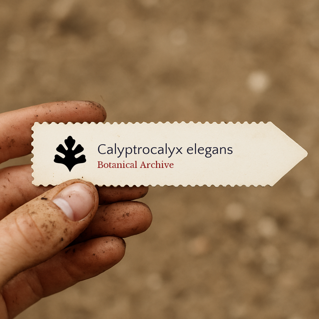 Bedrucktes Pflanzenetikett für Calyptrocalyx elegans mit Botanical Archive Logo, gehalten von einer schmutzigen Hand