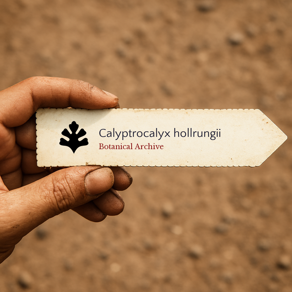 Printed plant label for Calyptrocalyx hollrungii held by hand with blurred soil background