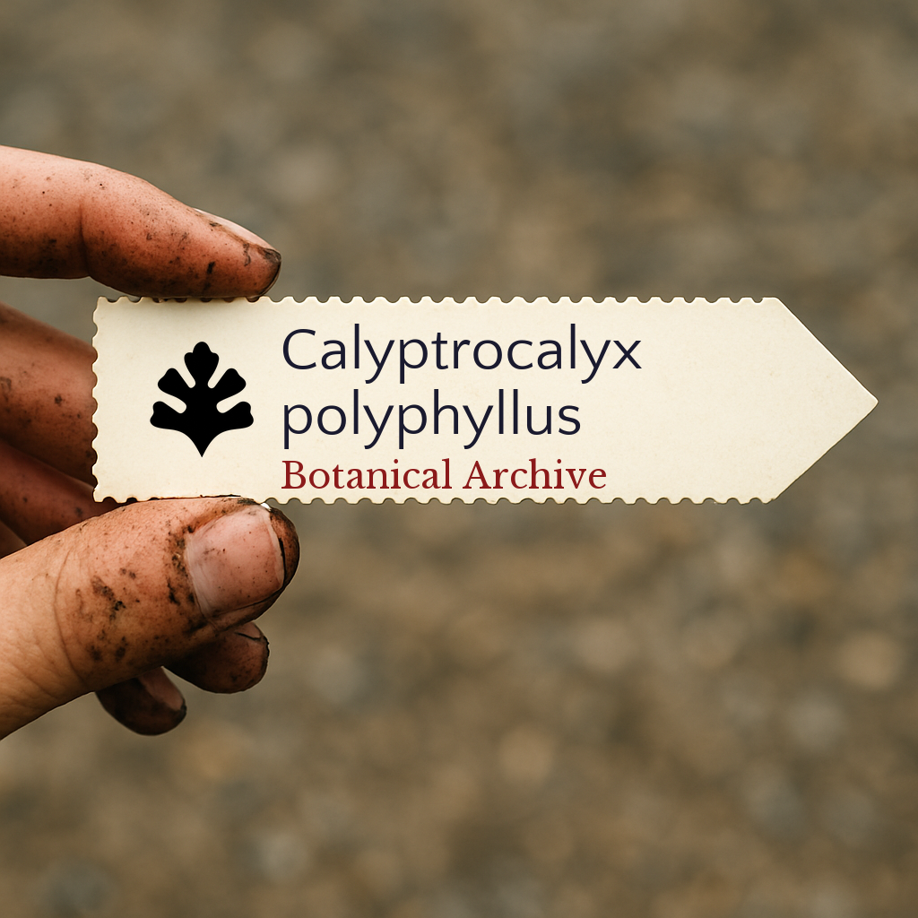 Bedrucktes Pflanzenetikett für Calyptrocalyx polyphyllus, gehalten von einer schmutzigen Hand im Freien
