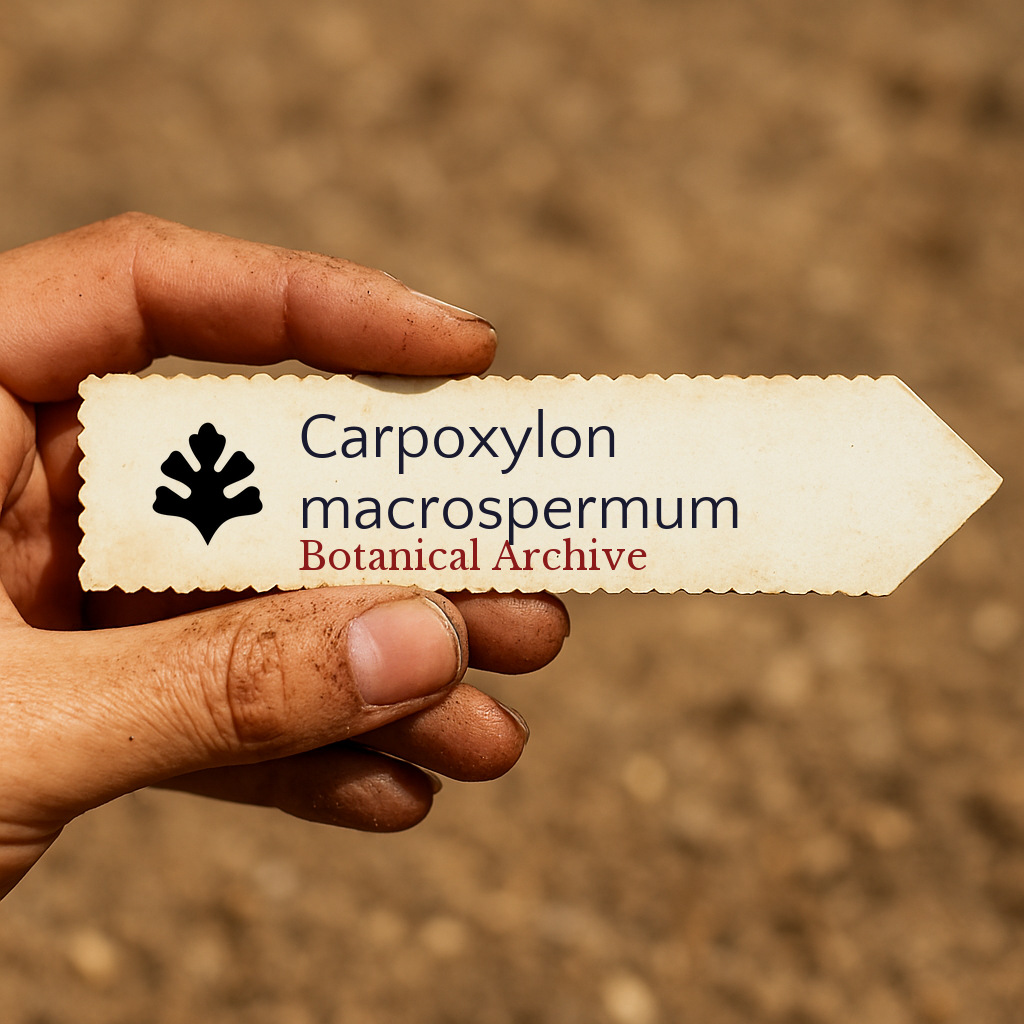 Printed plant label for Carpoxylon macrospermum held by hand with soil background
