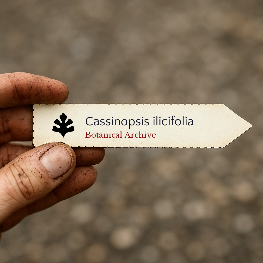 Etiqueta de planta impresa para Cassinopsis ilicifolia sostenida por una mano sucia al aire libre