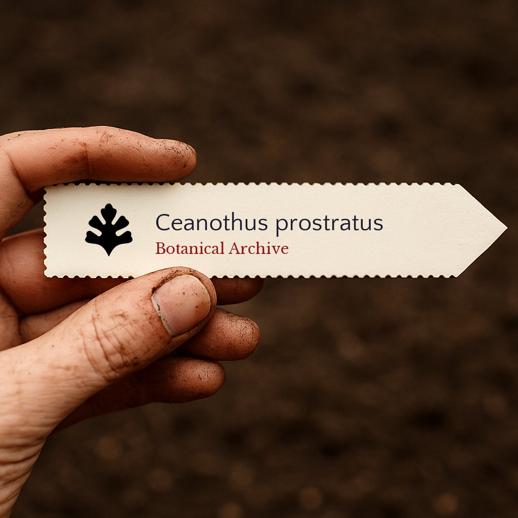 Plantenlabel voor Ceanothus prostratus met Botanical Archive tekst, vastgehouden door een vuile hand