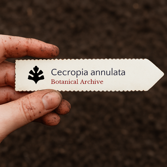 Gedrukt plantenlabel voor Cecropia annulata vastgehouden door een vuile hand boven een achtergrond van aarde