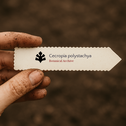 Gedrukte plantlabel voor Cecropia polystachya met Botanical Archive-logo vastgehouden door vuile hand