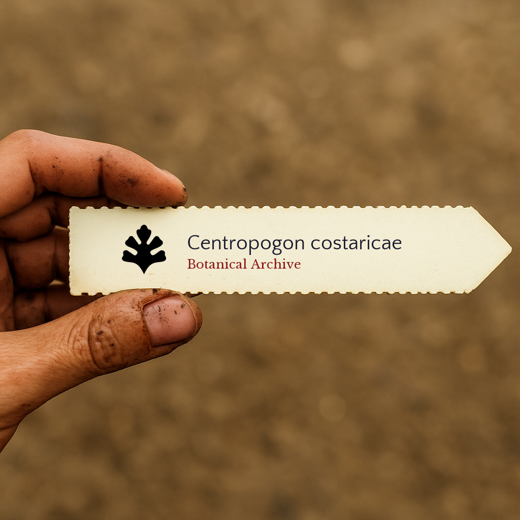 Etiqueta impresa para planta Centropogon costaricae sostenida a mano con fondo de tierra