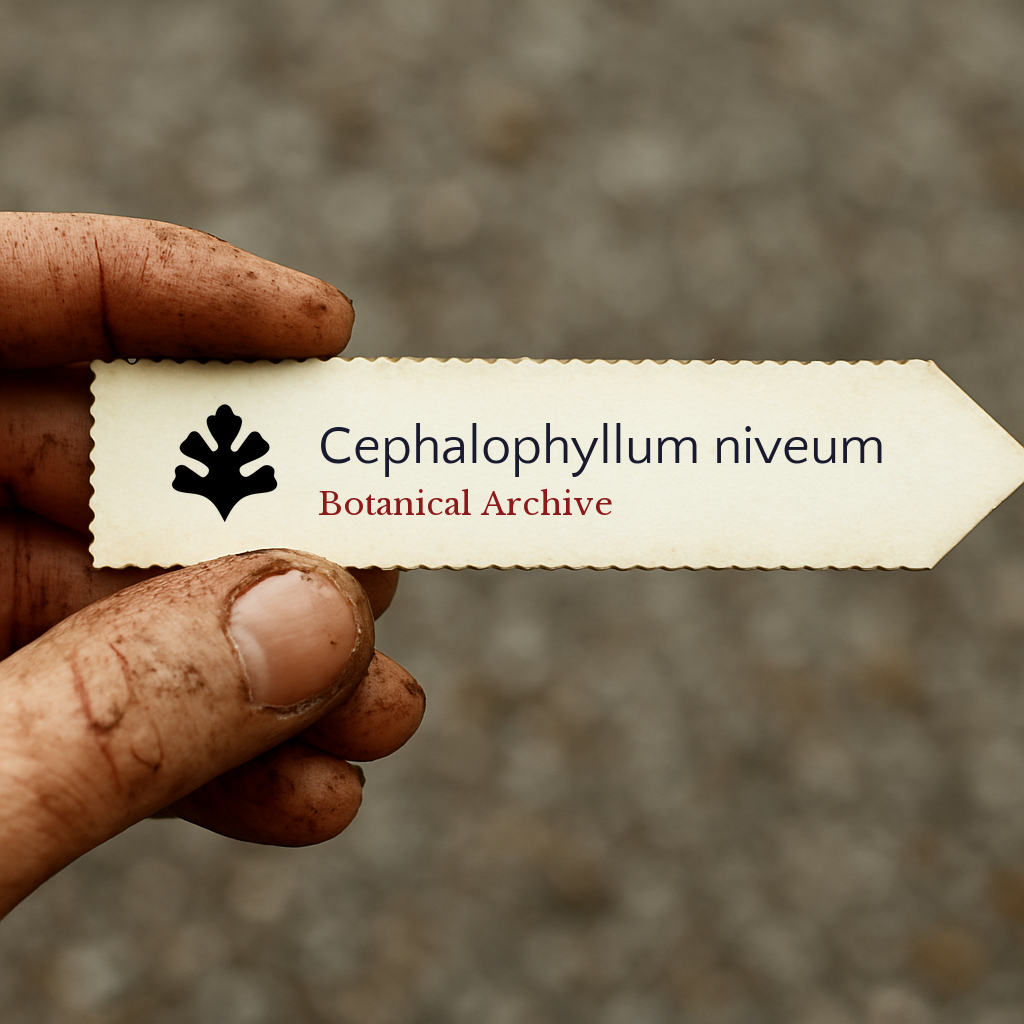 Printed plant label for Cephalophyllum niveum held by dirty hand outdoors