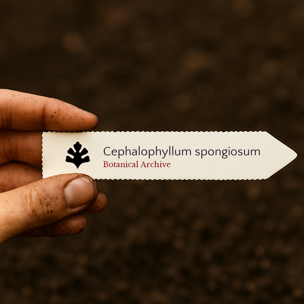 Etichetta stampata per pianta di Cephalophyllum spongiosum tenuta sopra sfondo di terra