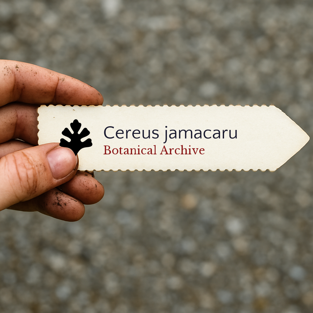 Gedrukt plantenlabel voor Cereus jamacaru vastgehouden door hand met aarde achtergrond