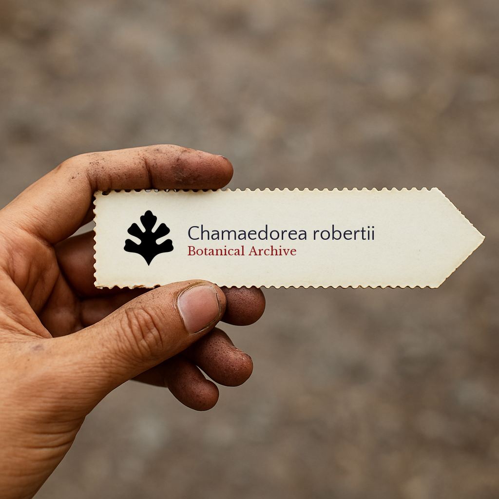 Trykt plantelapp for Chamaedorea robertii med Botanical Archive-logo holdt av en skitten hånd