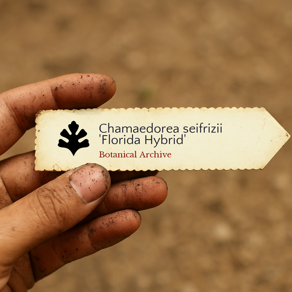 Trykt planteetikett for Chamaedorea seifrizii 'Florida Hybrid' holdt av en skitten hånd