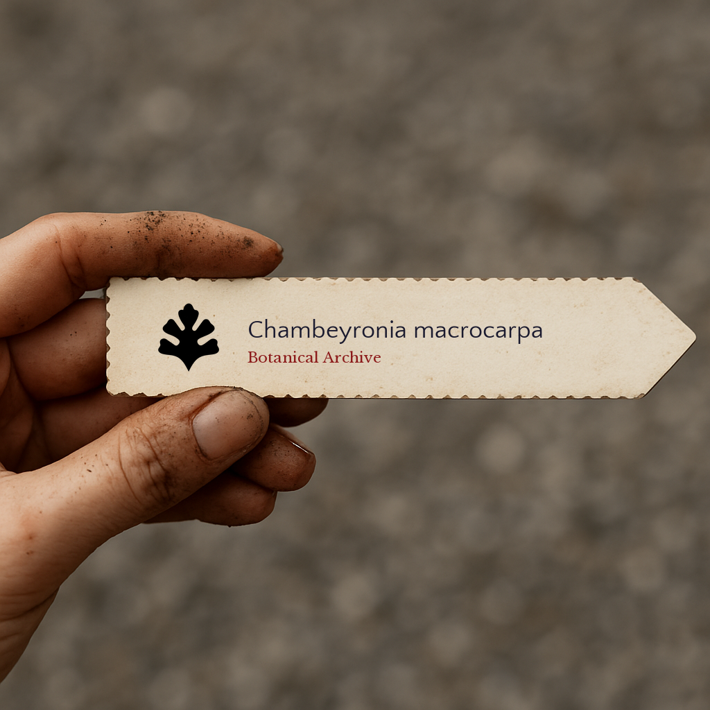 Bedrucktes Pflanzenetikett für Chambeyronia macrocarpa, gehalten von einer schmutzigen Hand im Freien