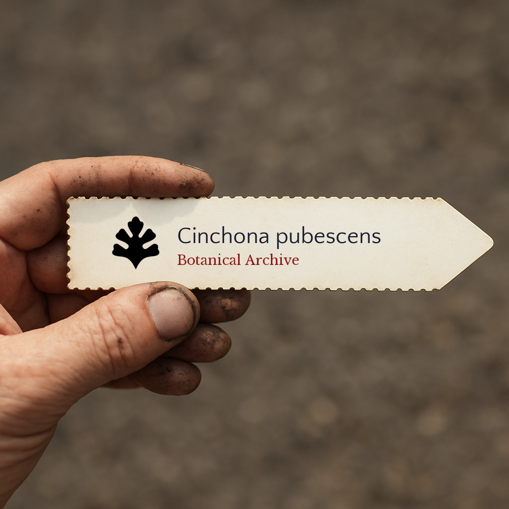 Étiquette de plante imprimée pour Cinchona pubescens tenue par une main sale sur fond de terre