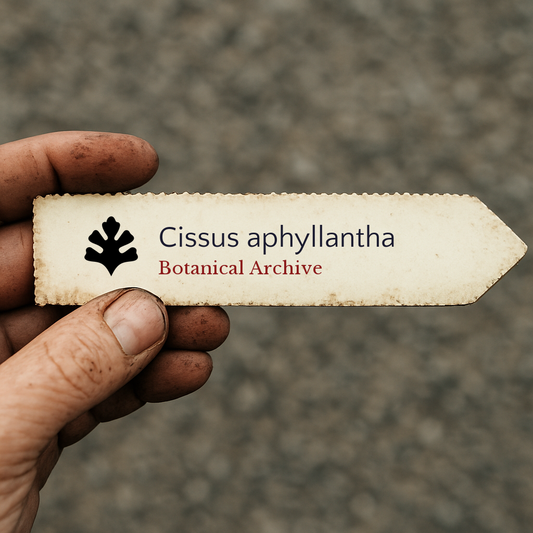 Etiqueta de planta impresa para Cissus aphyllantha sostenida a mano con tierra en los dedos