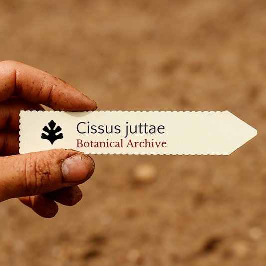 Etiqueta de planta impresa para Cissus juttae sostenida por un jardinero con fondo de tierra