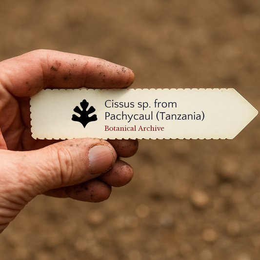 Etiqueta impresa de planta para Cissus sp. de Pachycaul (Tanzania) sostenida por una mano sucia