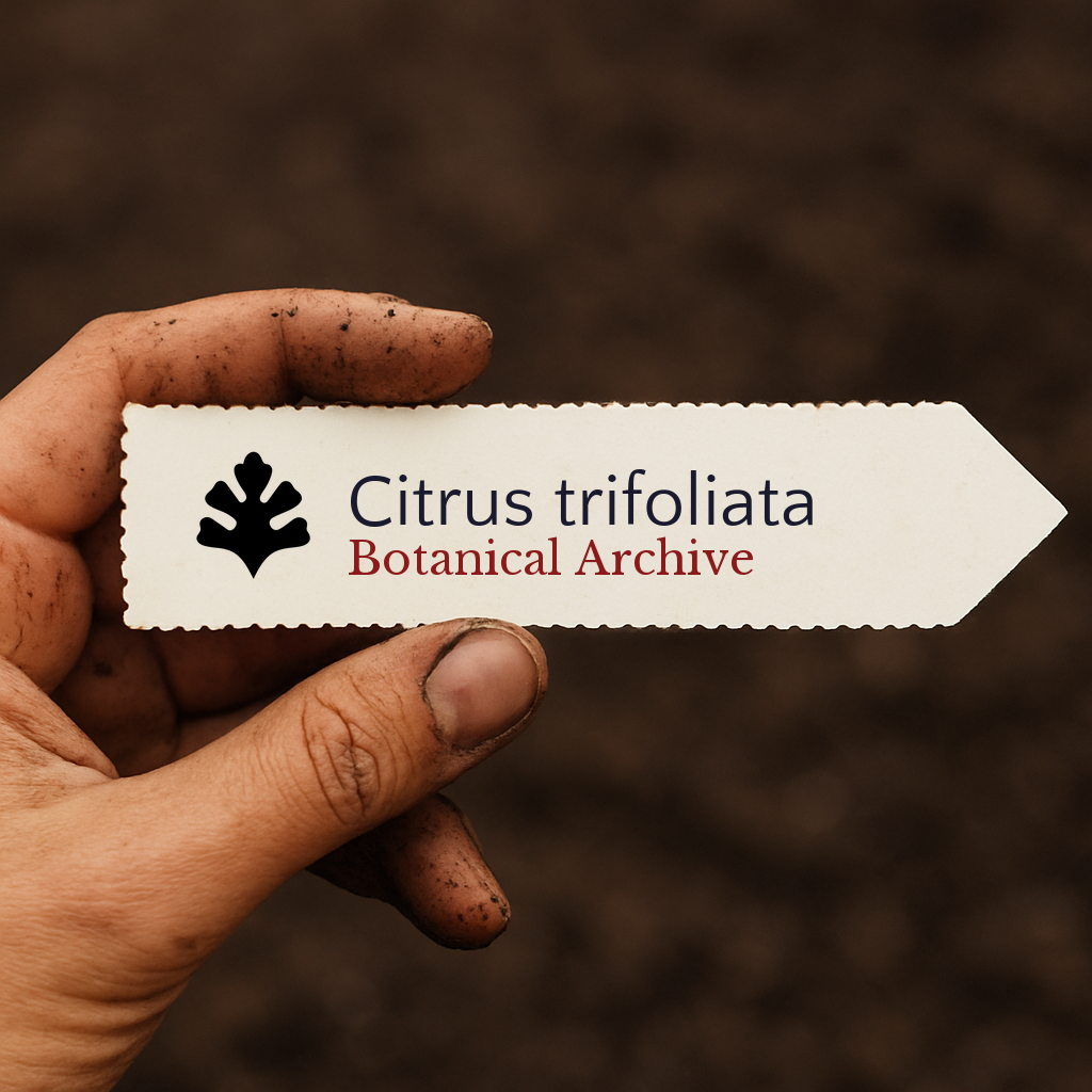 Étiquette de plante imprimée pour Citrus trifoliata tenue par une main sale sur fond de terre