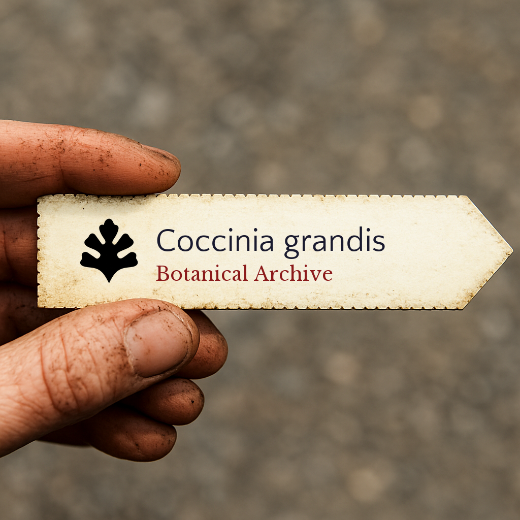 Etiqueta impresa para planta de Coccinia grandis sostenida por una mano sucia al aire libre