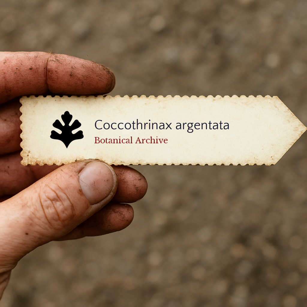 Bedrucktes Pflanzenetikett für Coccothrinax argentata mit Botanical Archive Logo, gehalten von schmutziger Hand