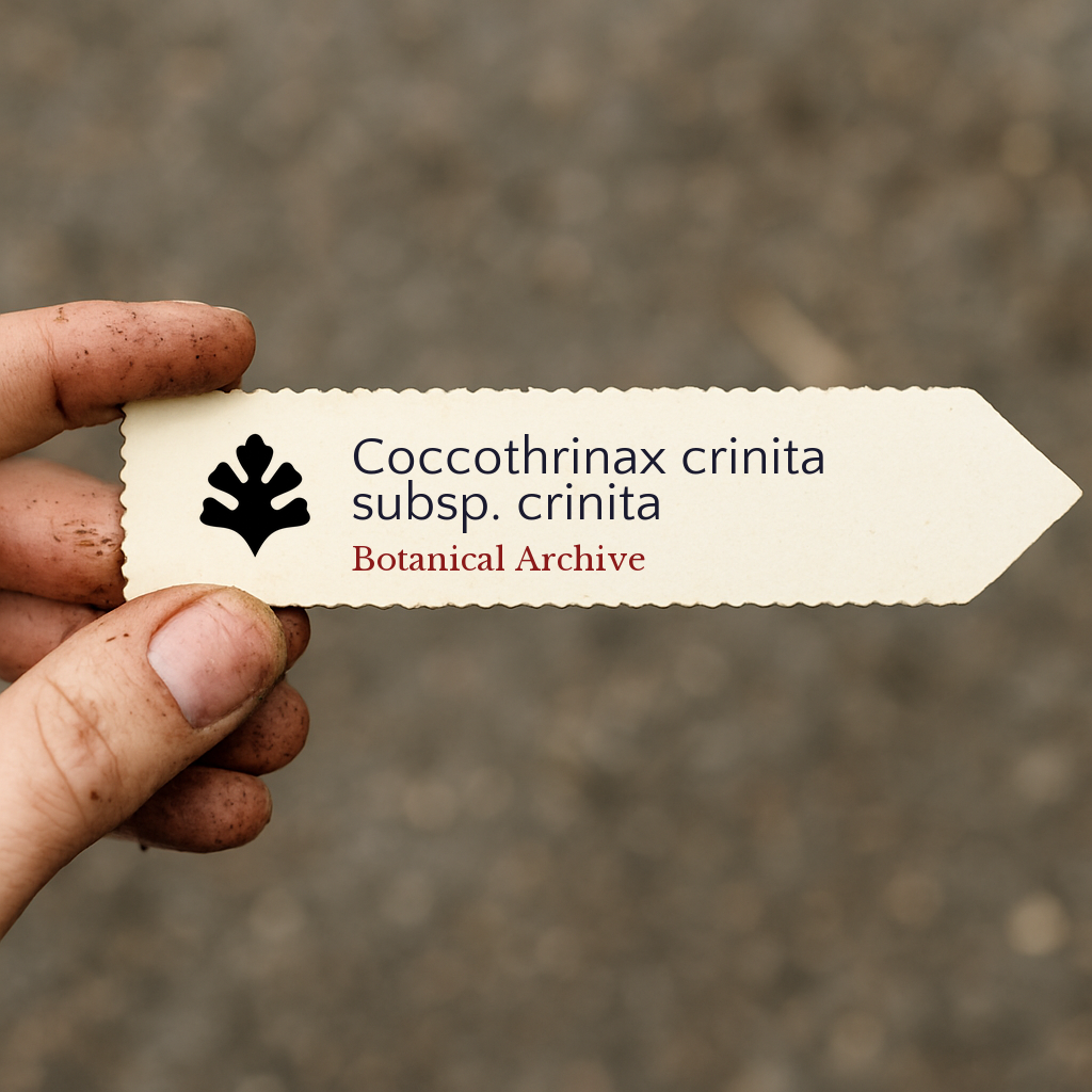 Trykt plantelapp for Coccothrinax crinita subsp. crinita holdt i hånden med jordfargede fingre