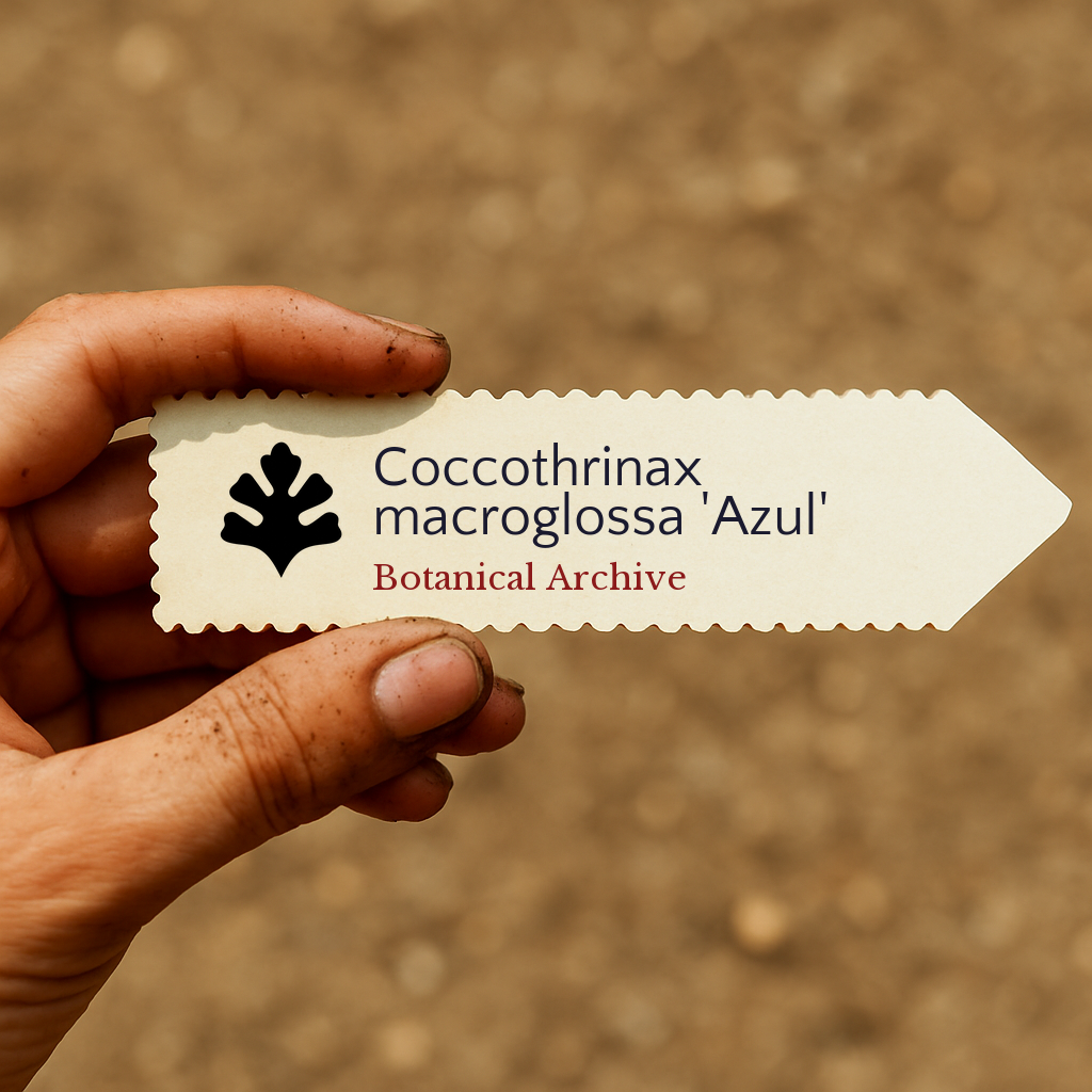 Etichetta per pianta stampata per Coccothrinax macroglossa 'Azul' tenuta in mano all'aperto