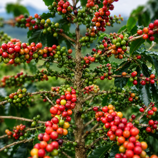 Coffea arabica 'Castillo' koffiestruik met rijpe en onrijpe rode en groene bessen