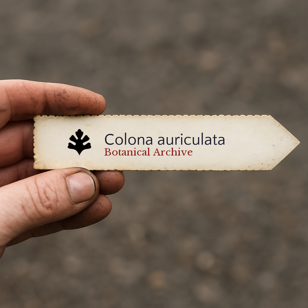 Étiquette de plante imprimée pour Colona auriculata tenue à la main avec un arrière-plan flou de sol