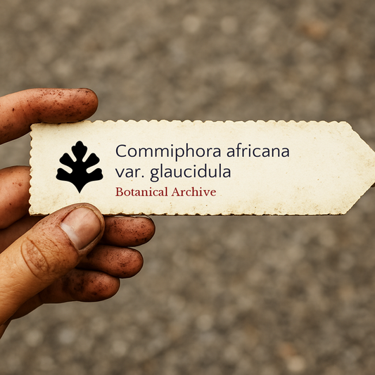 Etiqueta impresa para planta de Commiphora africana var. glaucidula sostenida por una mano sucia al aire libre